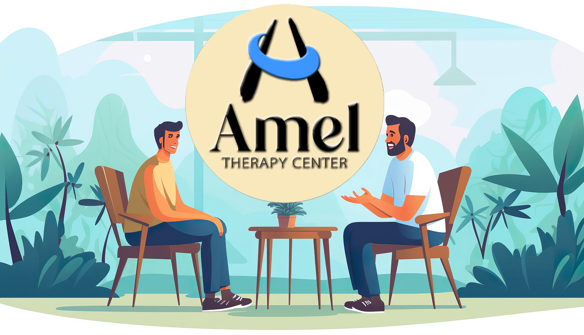 Amel Therapy illustration of patient talking to male therapist